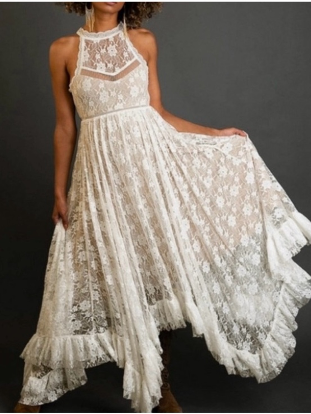 Joyfolie Mía Joy Ivory Lace Halter Maxi Dress